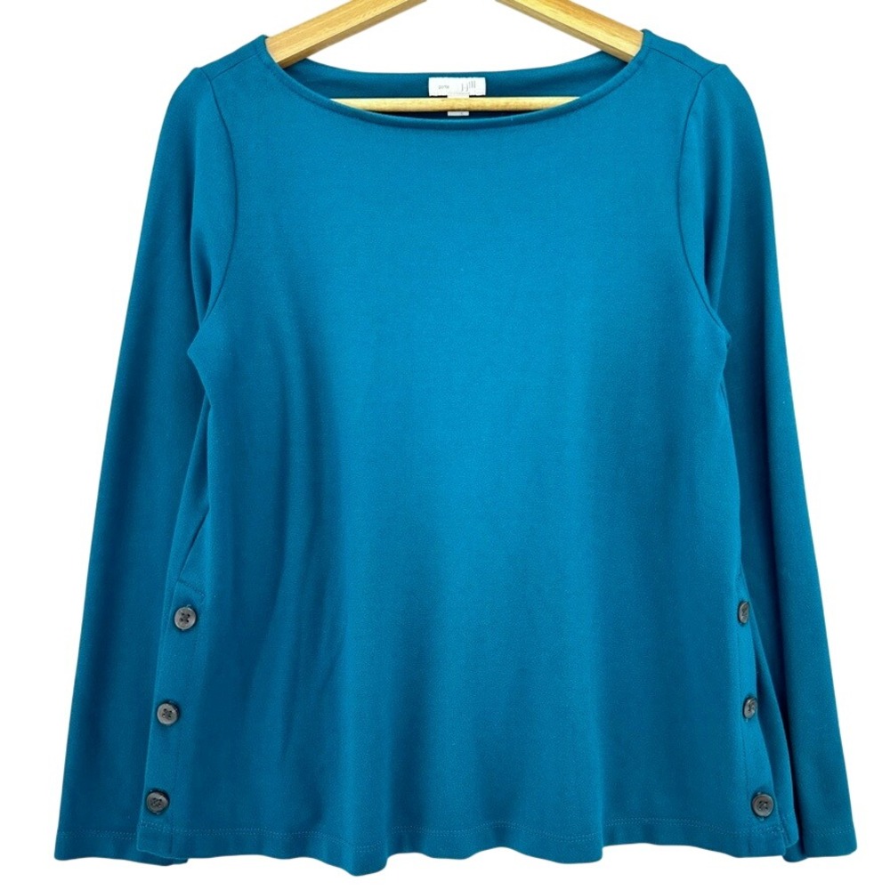 J. Jill Ponte Knit Button-Side Top Teal Blue Viscose Petite Small SP Coastal
